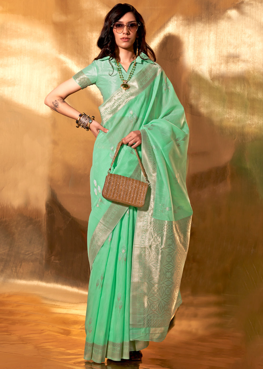 Mint Green Royal Banarasi Silk Saree with Contrast Border & Designer Pallu – Wedding Special ClothsVilla Main image
