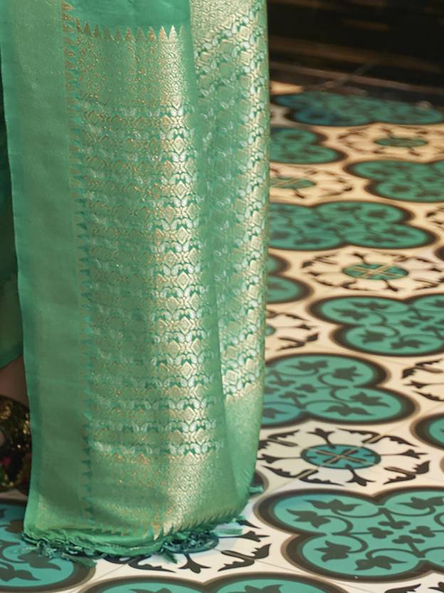 Mint Green Traditional Baluchari Silk Blend Saree with Unstitched Blouse Piece ClothsVilla