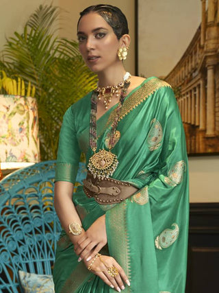 Mint Green Traditional Baluchari Silk Blend Saree with Unstitched Blouse Piece ClothsVilla