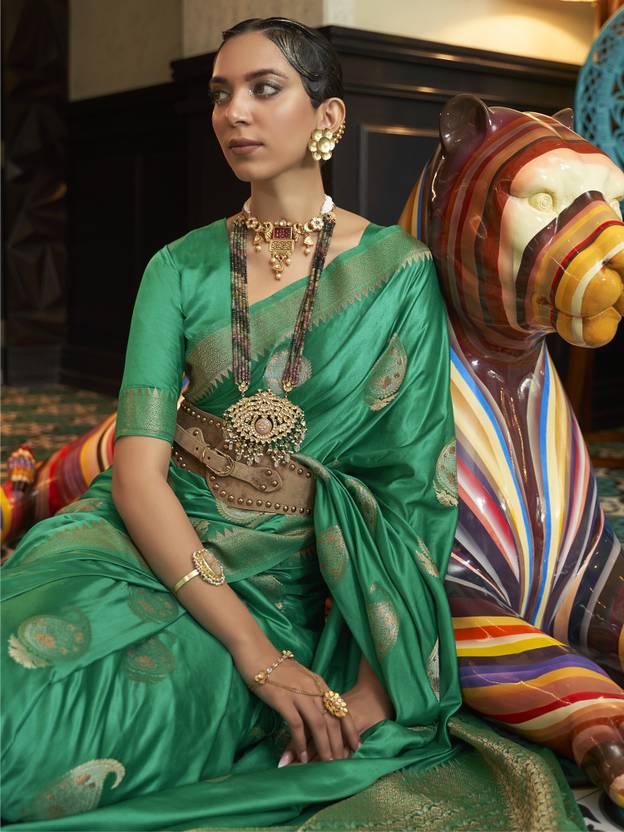 Mint Green Traditional Baluchari Silk Blend Saree with Unstitched Blouse Piece ClothsVilla