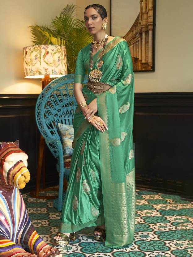 Mint Green Traditional Baluchari Silk Blend Saree with Unstitched Blouse Piece ClothsVilla
