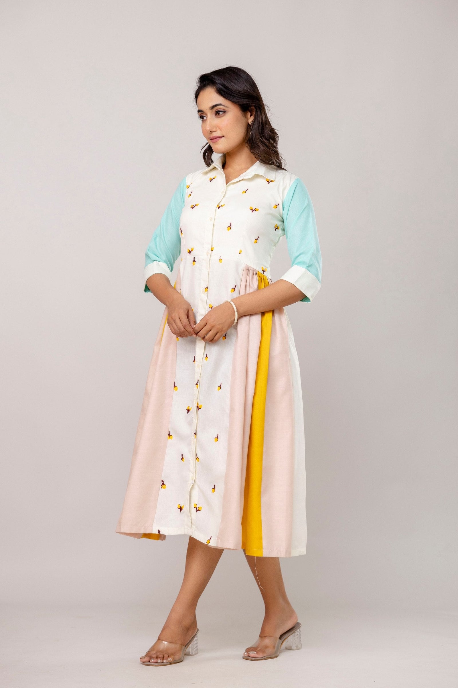 Mix Colour Women's Fully Stitched Cotton Embroidered Kurti with 3/4 Sleeves & 3-Meter Flair ClothsVilla
