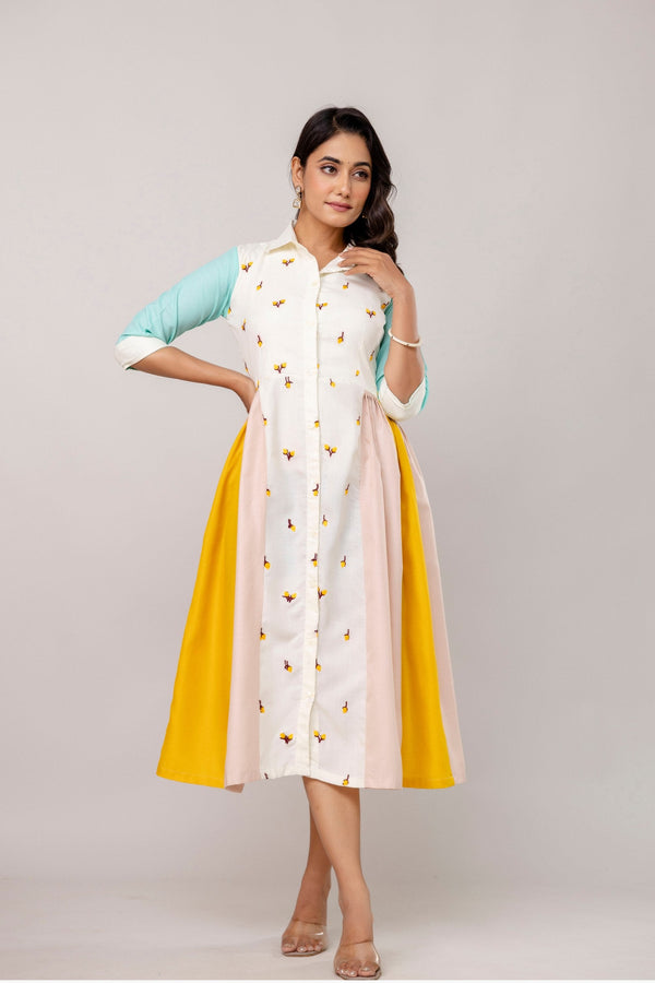 Mix Colour Women's Fully Stitched Cotton Embroidered Kurti with 3/4 Sleeves & 3-Meter Flair ClothsVilla