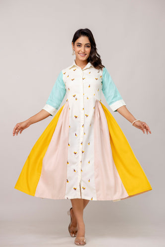 Mix Colour Women's Fully Stitched Cotton Embroidered Kurti with 3/4 Sleeves & 3-Meter Flair ClothsVilla