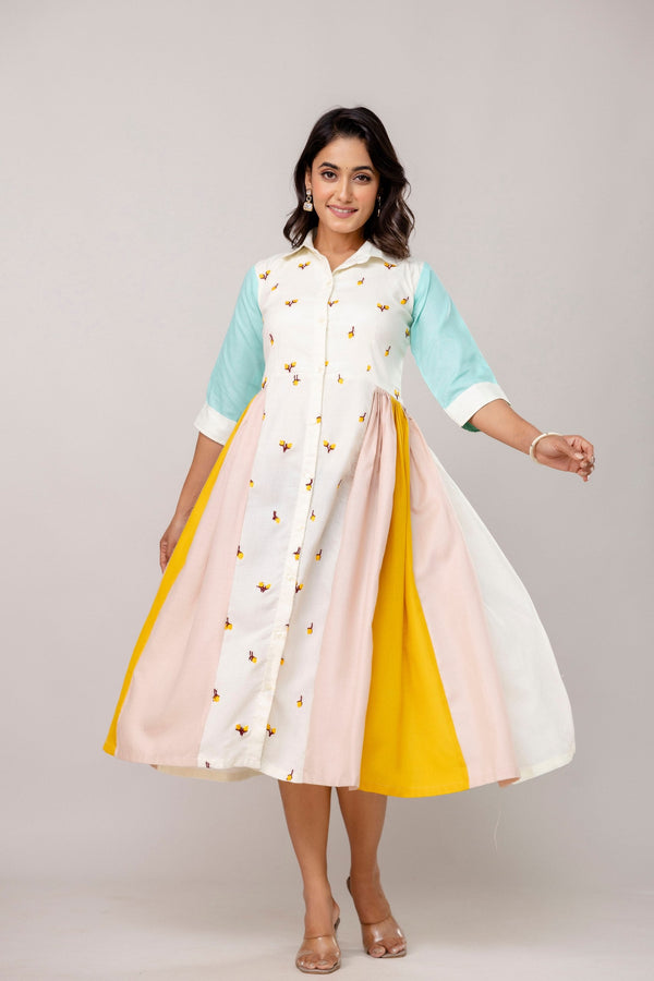 Mix Colour Women's Fully Stitched Cotton Embroidered Kurti with 3/4 Sleeves & 3-Meter Flair ClothsVilla