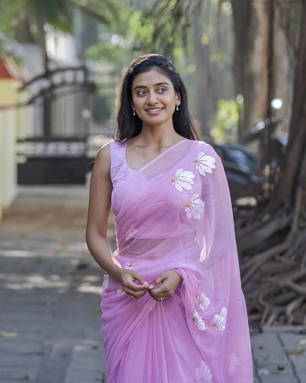 Lavender Pink Pure Georgette Hand-Painted Saree with White Floral Motifs & Sequin Detailing FANCY SAREES