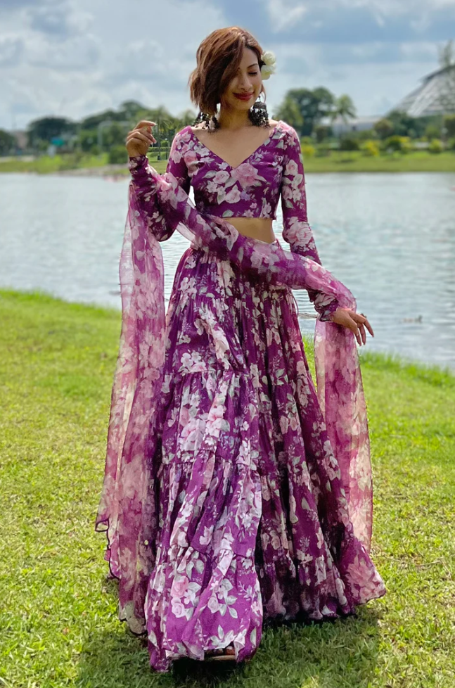 Purple Floral Printed Lehenga Choli with ruffled stitch pattern ClothsVilla Main image