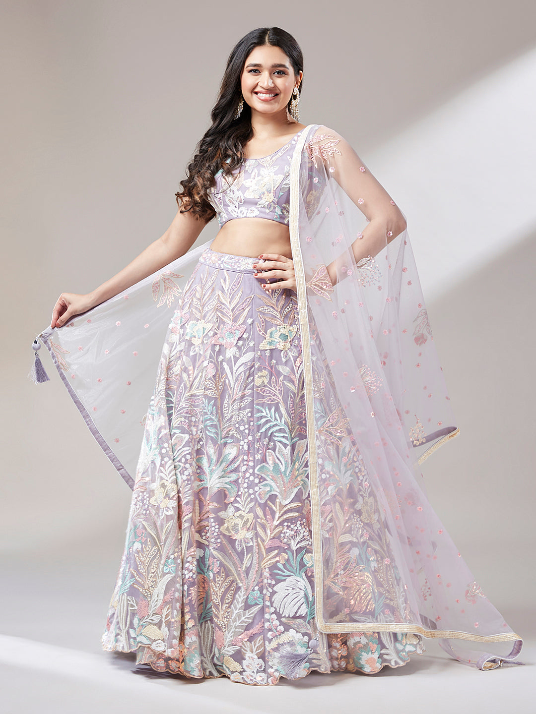 Muave Net Sequinse Work Semi-Stitched Lehenga & Unstitched Blouse with Dupatta ClothsVilla