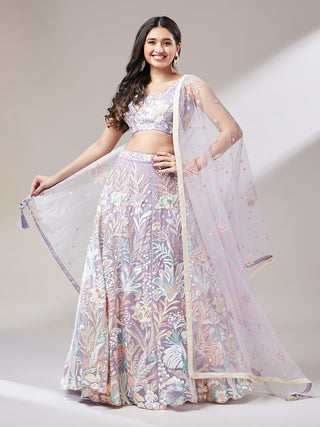 Muave Net Sequinse Work Semi-Stitched Lehenga & Unstitched Blouse with Dupatta ClothsVilla