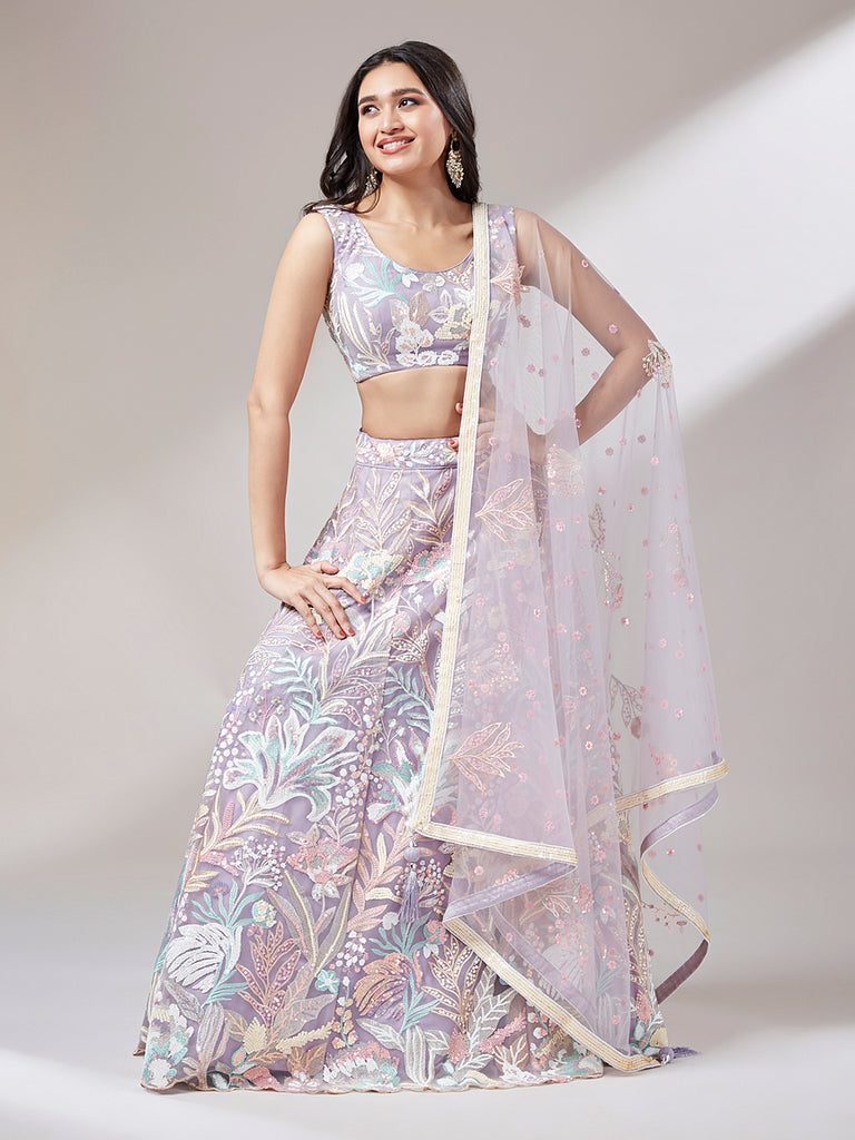 Muave Net Sequinse Work Semi-Stitched Lehenga & Unstitched Blouse with Dupatta ClothsVilla