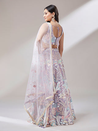 Muave Net Sequinse Work Semi-Stitched Lehenga & Unstitched Blouse with Dupatta ClothsVilla