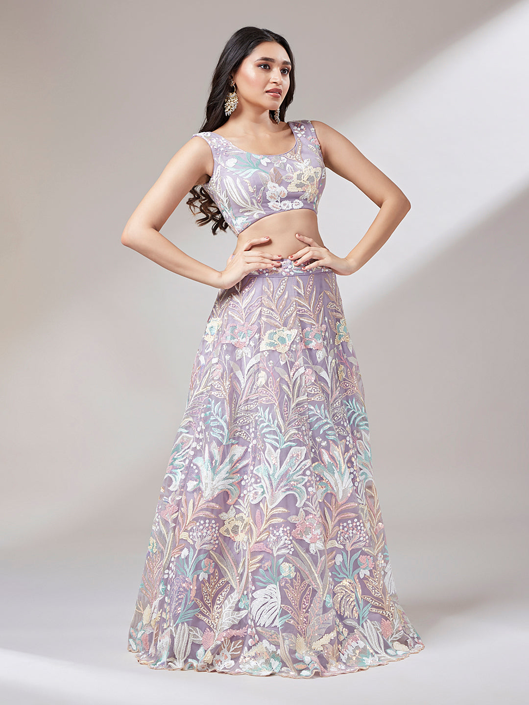 Muave Net Sequinse Work Semi-Stitched Lehenga & Unstitched Blouse with Dupatta ClothsVilla