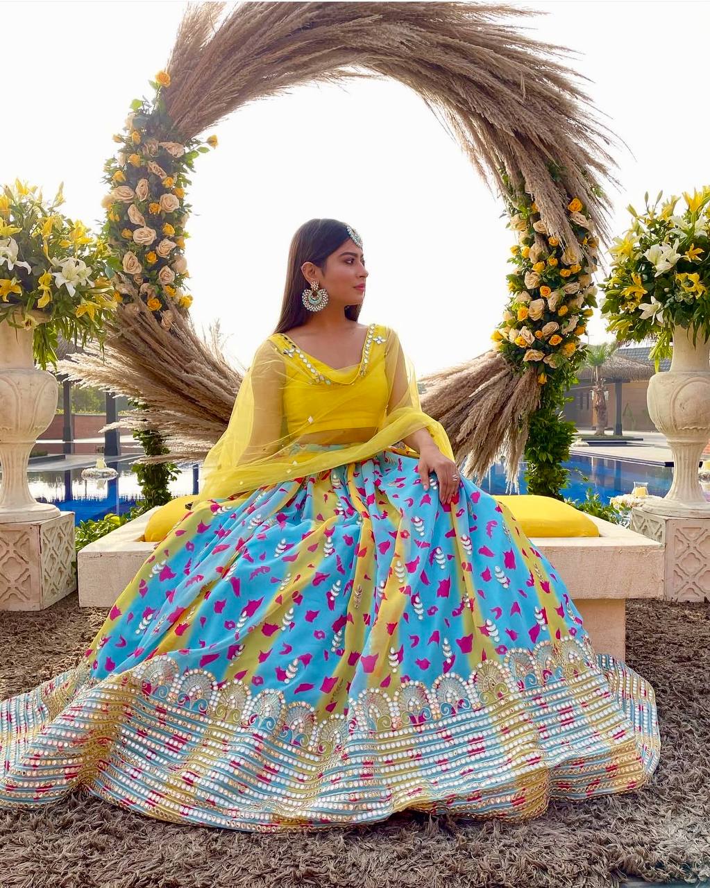 Multi Color Designer Digital Print Georgette Lehenga Set with Real & Paper Mirror Work ClothsVilla