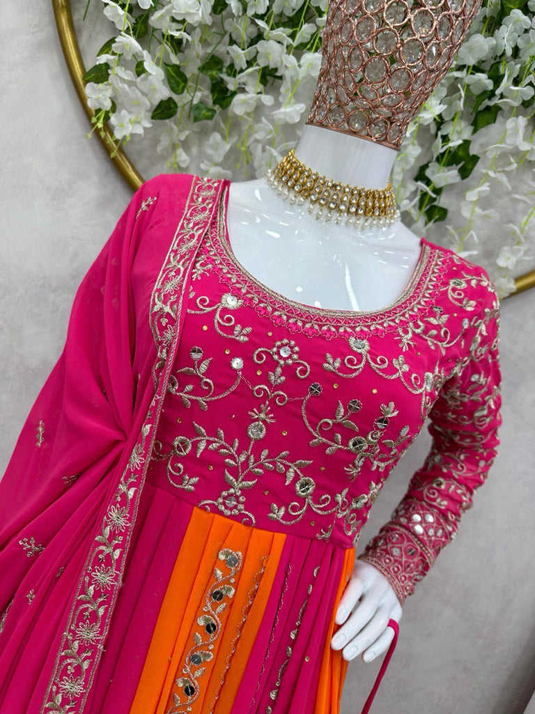 Multi Color Designer Fox Georgette Anarkali Set with Diamond Embroidery & Dupatta ClothsVilla