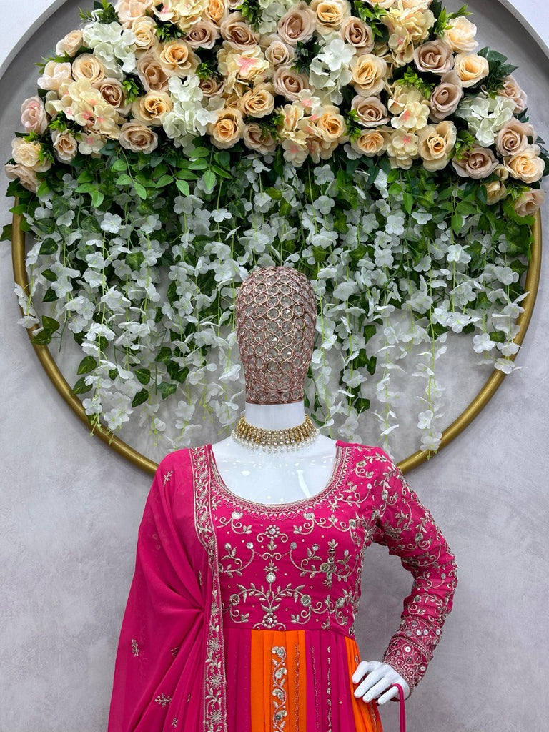 Multi Color Designer Fox Georgette Anarkali Set with Diamond Embroidery & Dupatta ClothsVilla