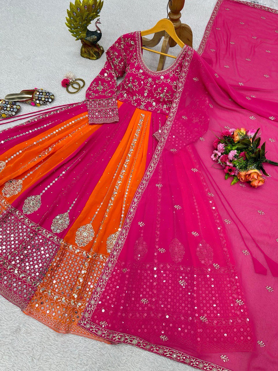 Multi Color Designer Fox Georgette Anarkali Set with Diamond Embroidery & Dupatta ClothsVilla