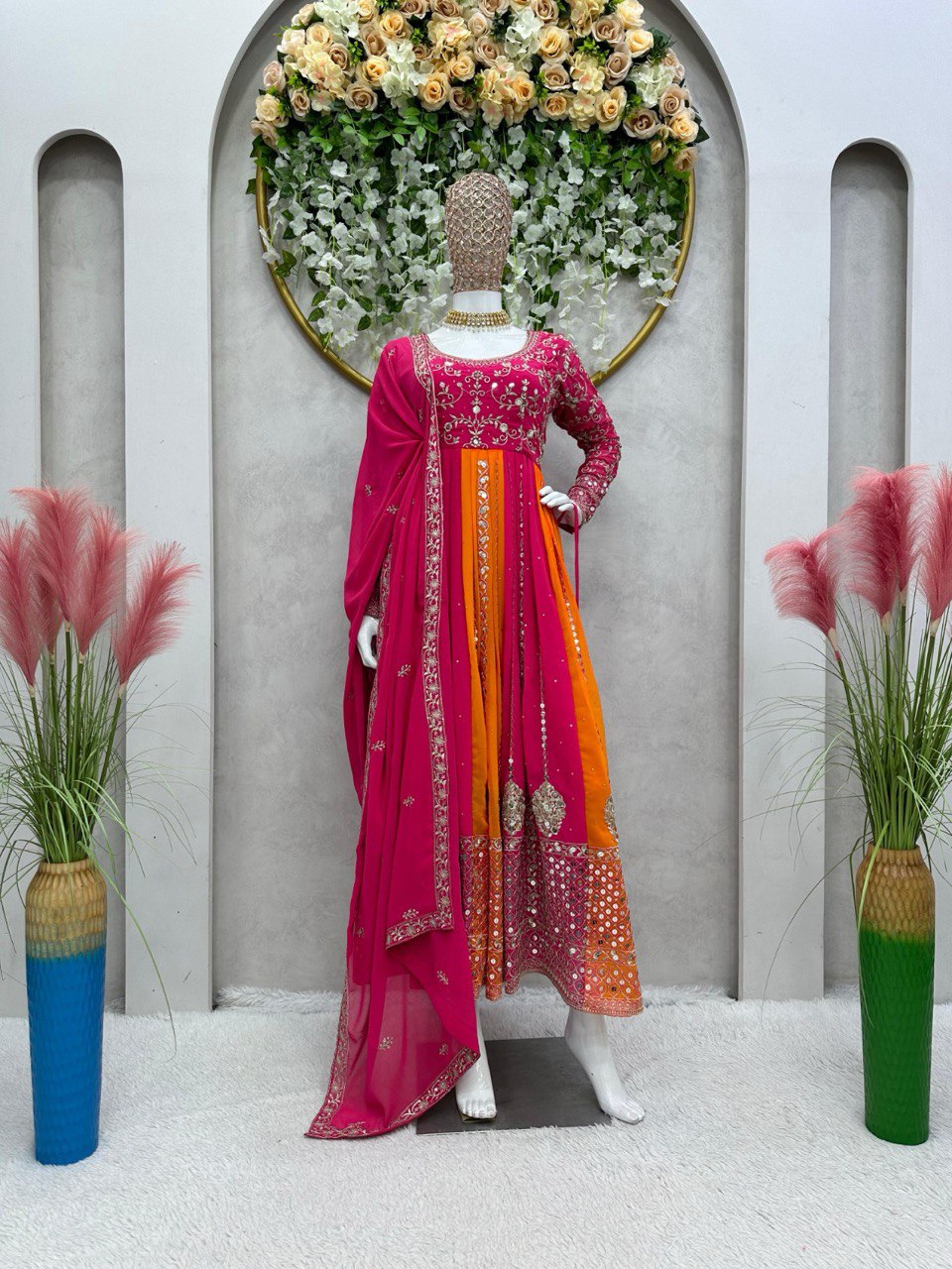 Multi Color Designer Fox Georgette Anarkali Set with Diamond Embroidery & Dupatta ClothsVilla Main image