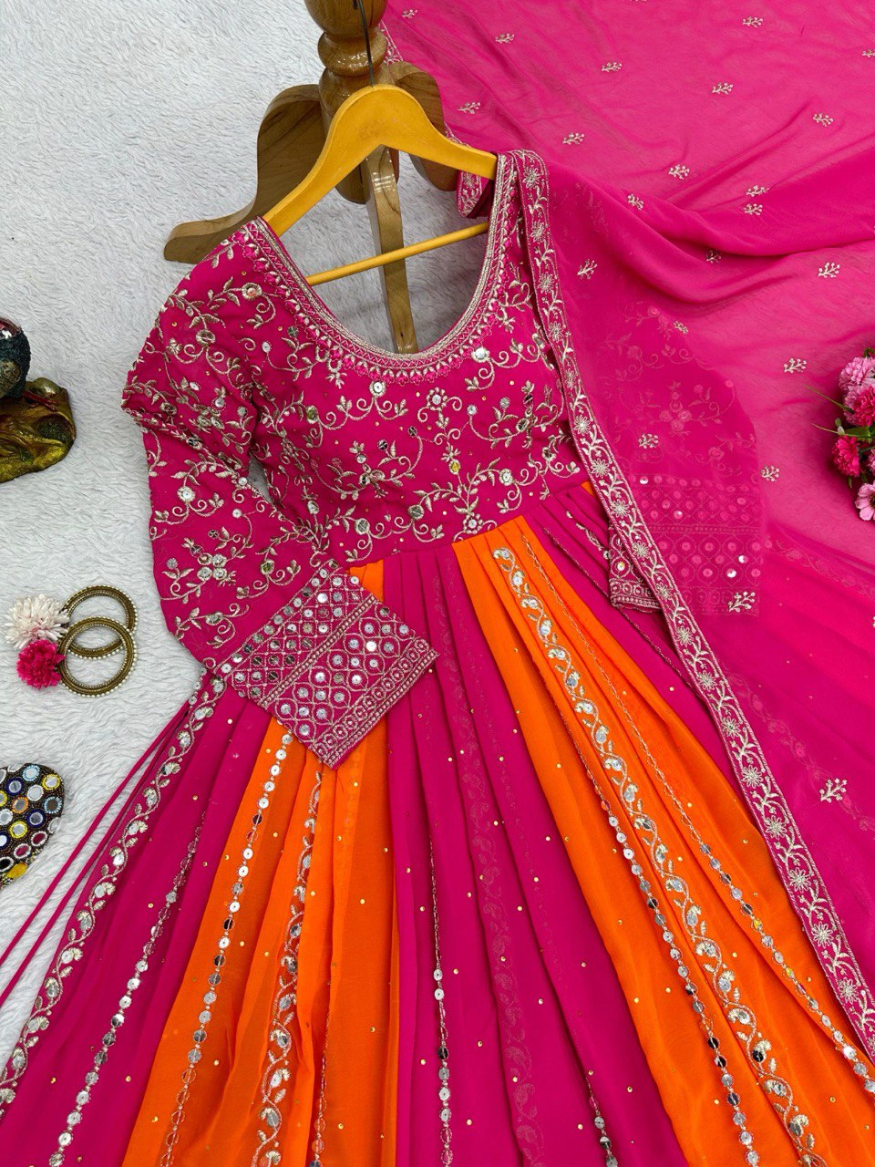 Multi Color Designer Fox Georgette Anarkali Set with Diamond Embroidery & Dupatta ClothsVilla