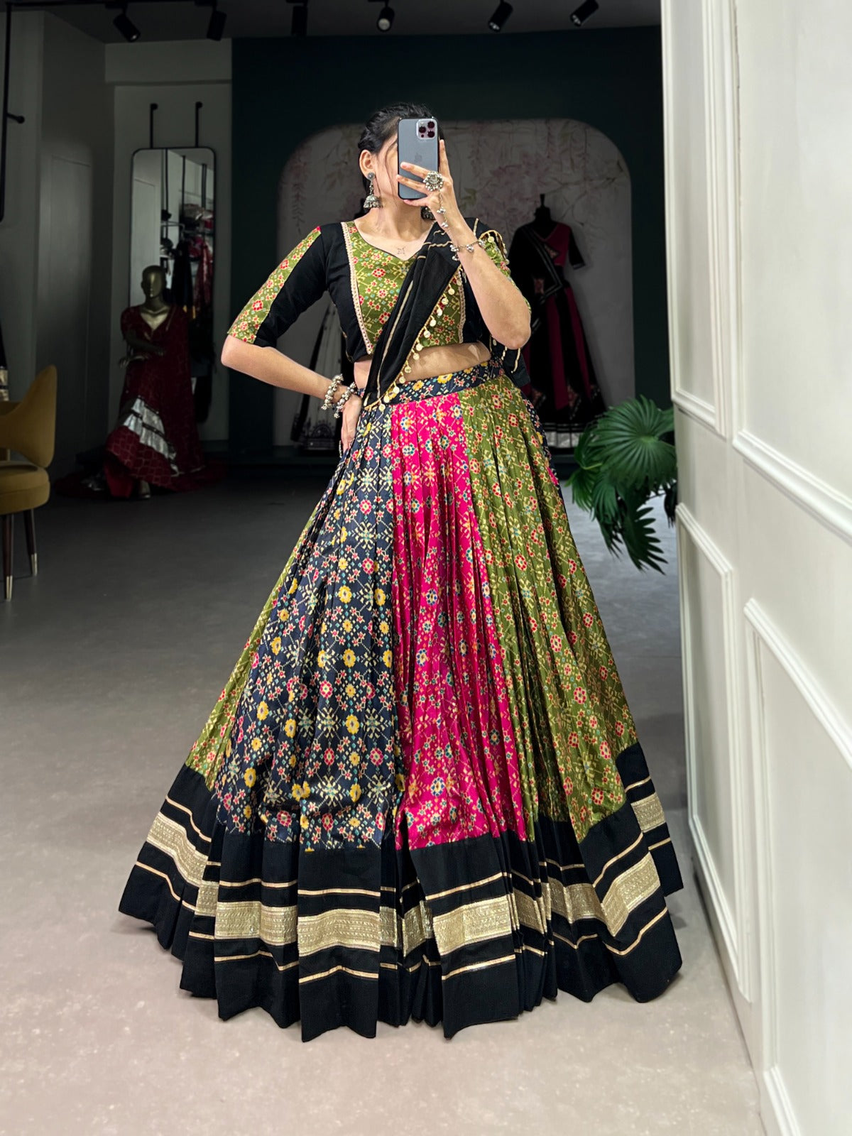 Multi Color Dola Silk & Pure Cotton Lehenga Choli Set Secondary image