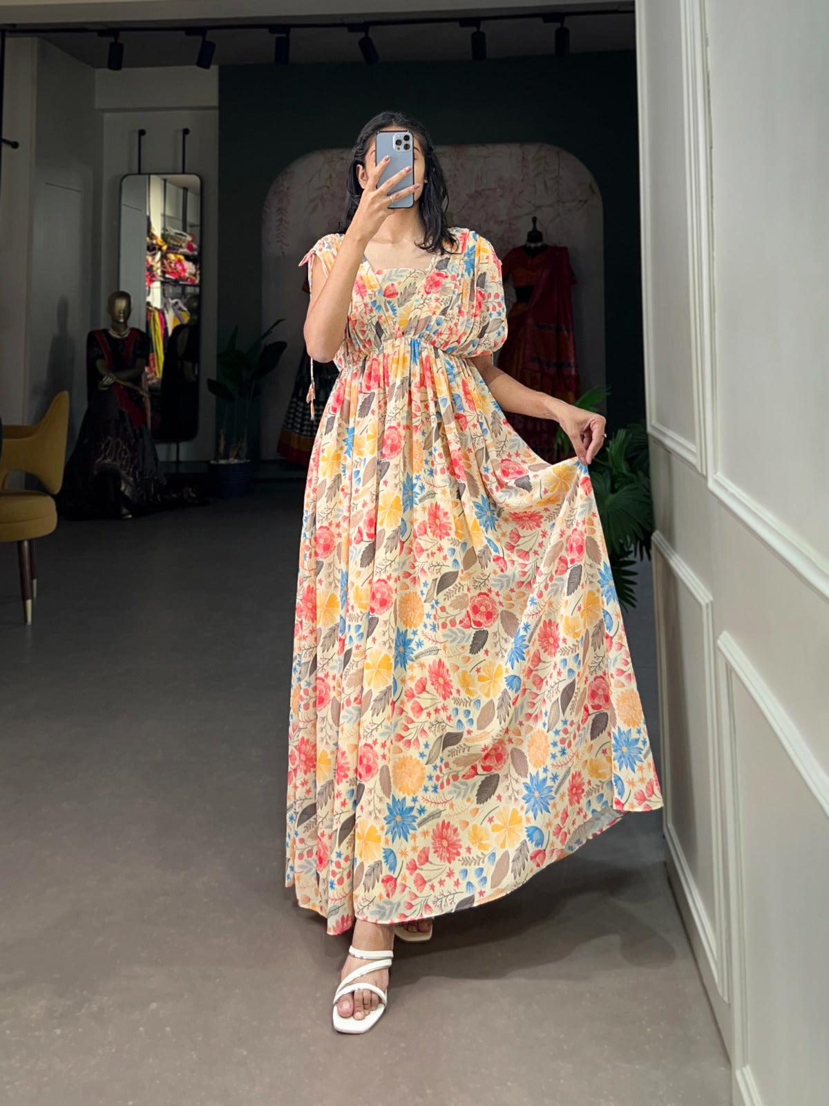 Multi Color Effortlessly Elegant Floral Georgette Gown ClothsVilla