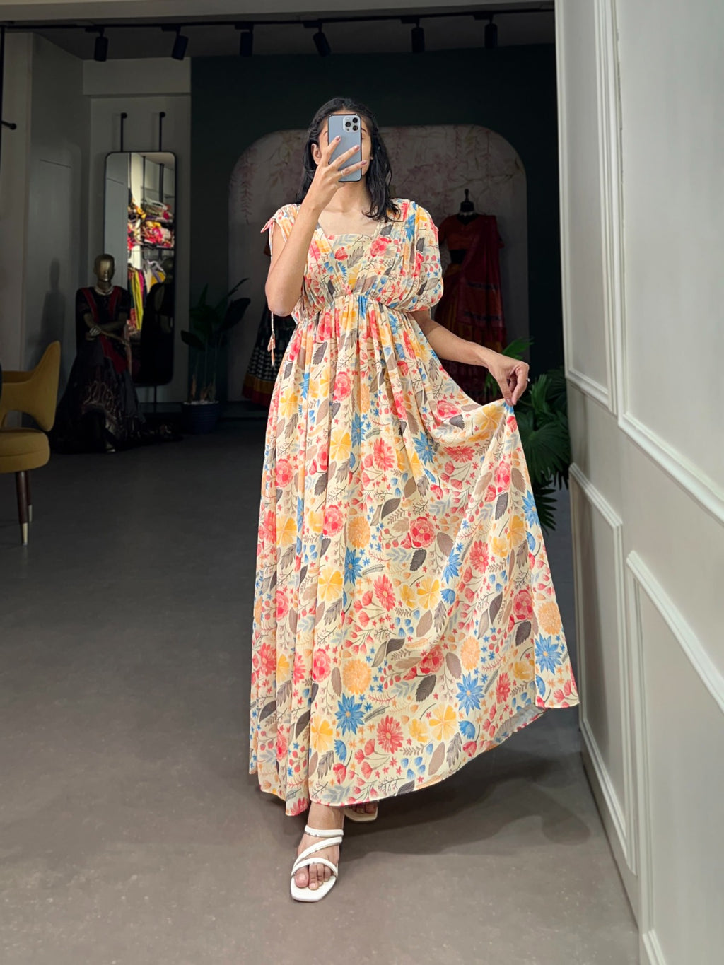 Multi Color Effortlessly Elegant Floral Georgette Gown ClothsVilla