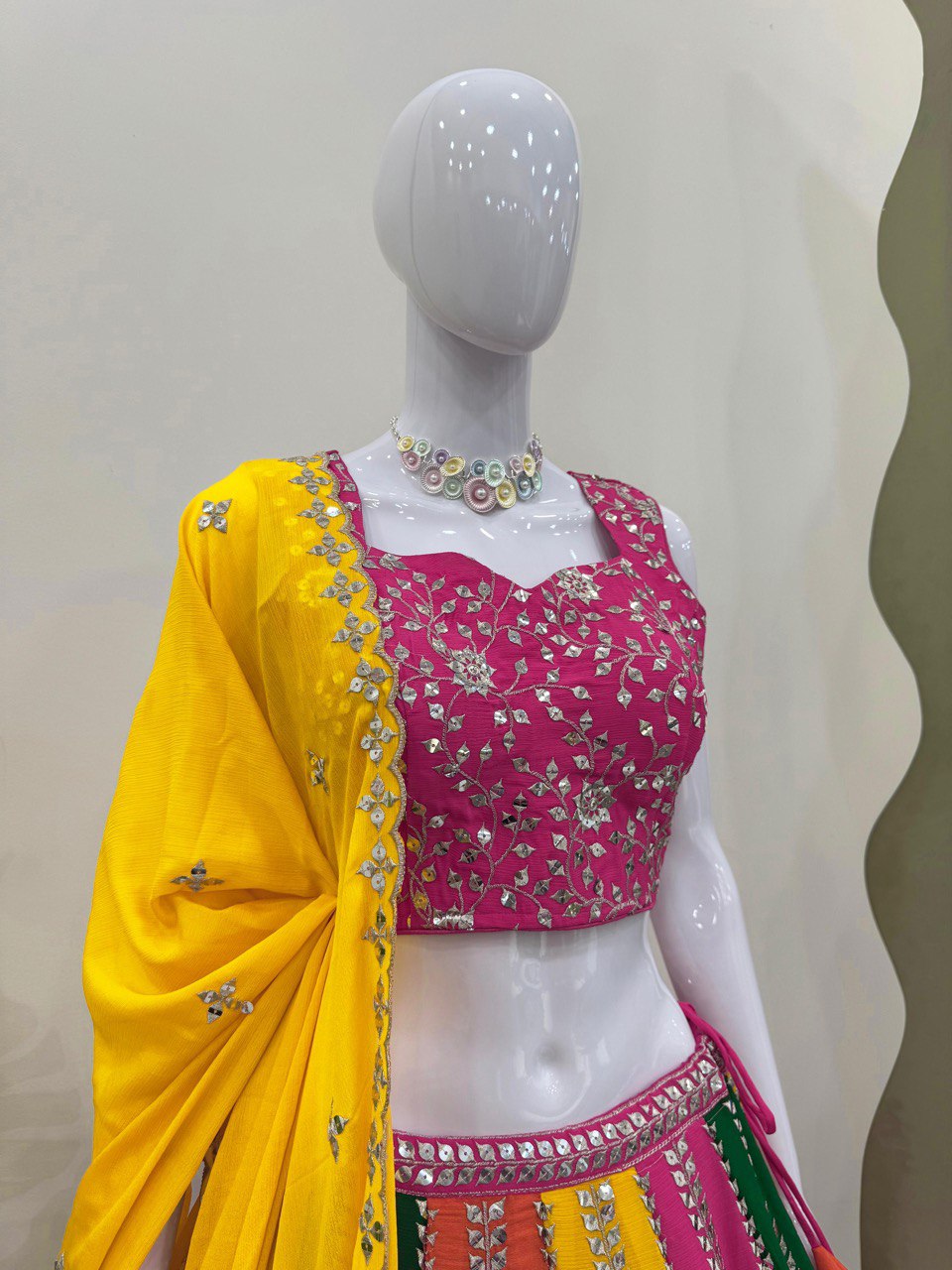 Multi Color Elegant Chinon Silk Sequins Embroidered Lehenga Set ClothsVilla