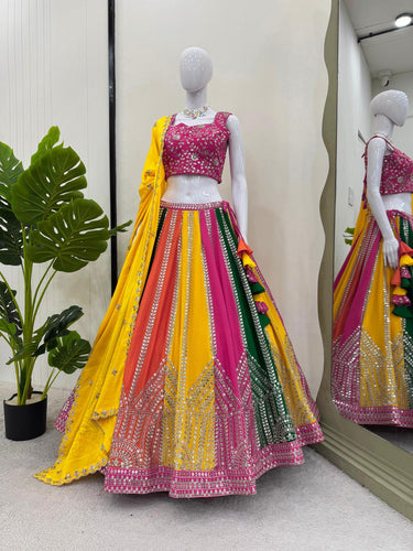 Multi Color Elegant Chinon Silk Sequins Embroidered Lehenga Set ClothsVilla