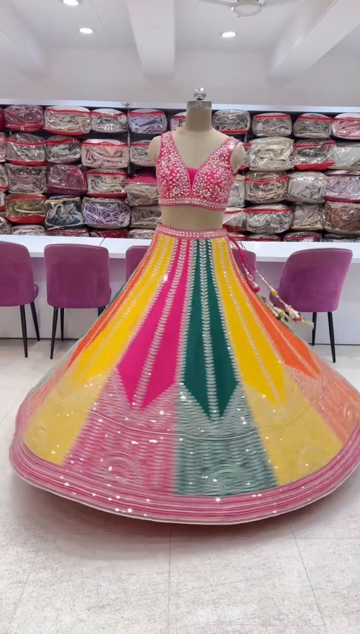 Multi Color Elegant Chinon Silk Sequins Embroidered Lehenga Set ClothsVilla