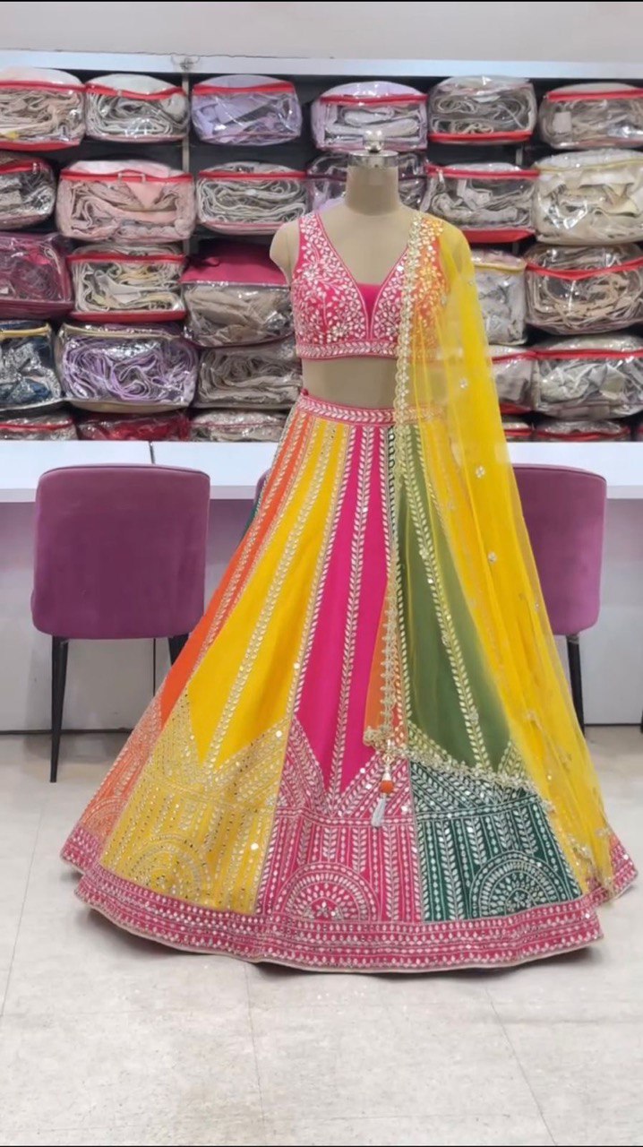 Multi Color Elegant Chinon Silk Sequins Embroidered Lehenga Set ClothsVilla