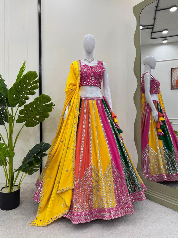 Multi Color Elegant Chinon Silk Sequins Embroidered Lehenga Set ClothsVilla