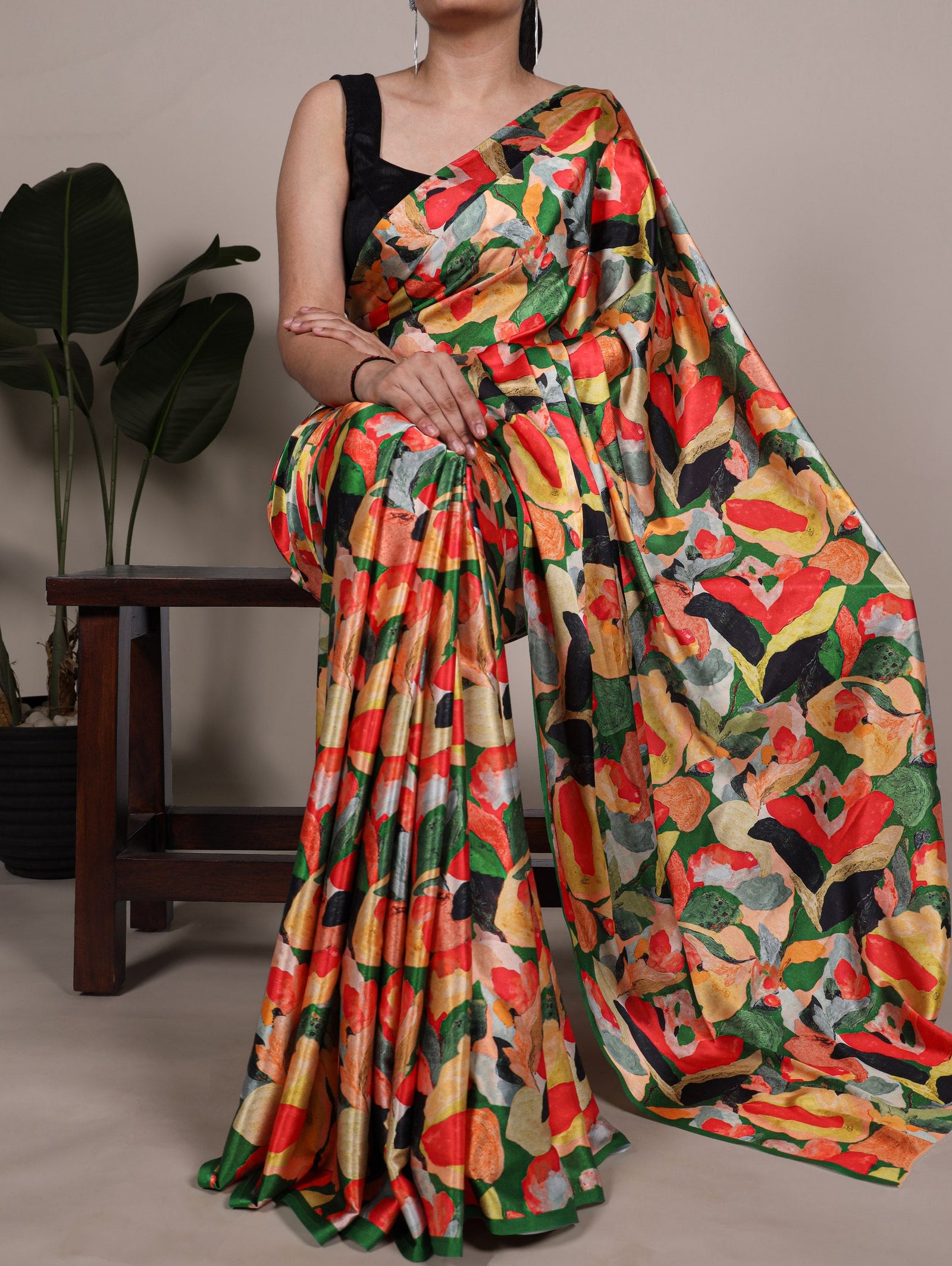 Multi Color Elegant Floral Print Satin Silk Saree with Plain Banglory Blouse Piece ClothsVilla