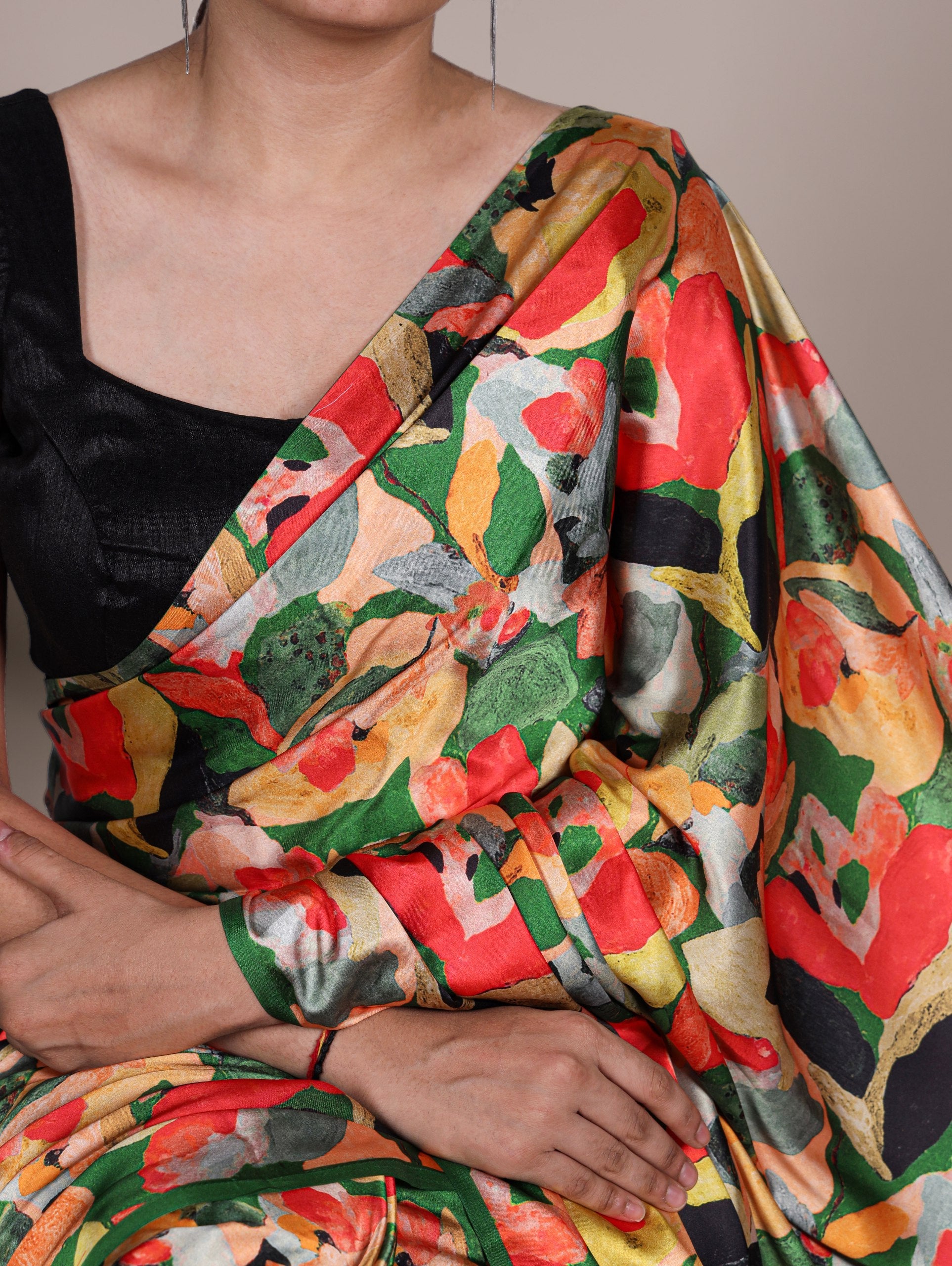 Multi Color Elegant Floral Print Satin Silk Saree with Plain Banglory Blouse Piece Secondary image
