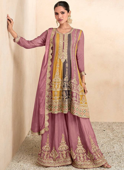 Multi-Color Embroidered Chinon Festive Wear Palazzo Suits Main image