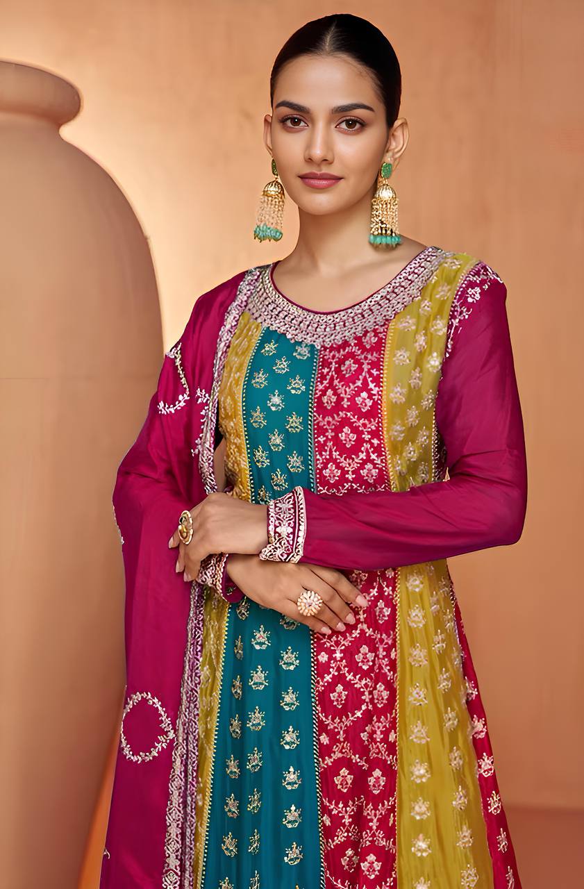 Multi Color Embroidered Chinon Salwar Suit with Dupatta Secondary image