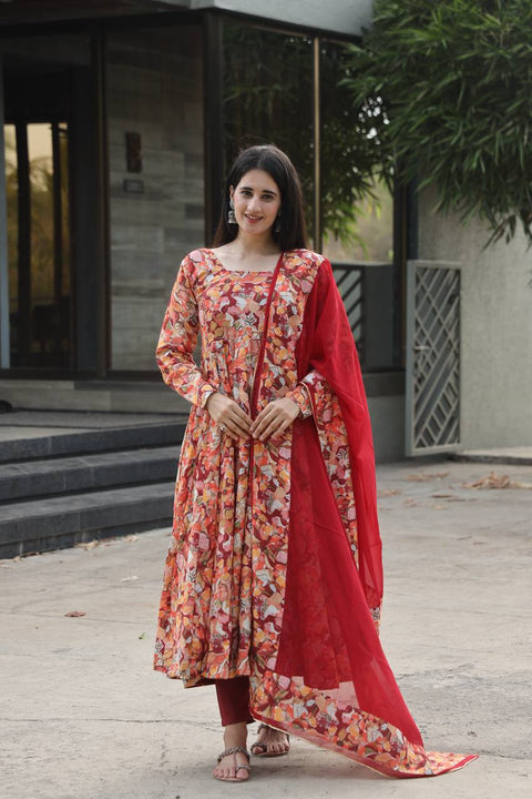 Multi-Color Flair Designer Muslin Anarkali Suit Set with Crosed Embroidery & Digital Print ClothsVilla Main image