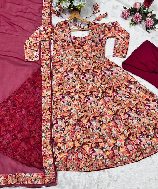 Multi-Color Flair Designer Muslin Anarkali Suit Set with Crosed Embroidery & Digital Print ClothsVilla