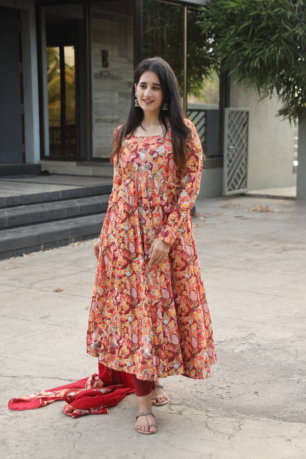 Multi-Color Flair Designer Muslin Anarkali Suit Set with Crosed Embroidery & Digital Print ClothsVilla
