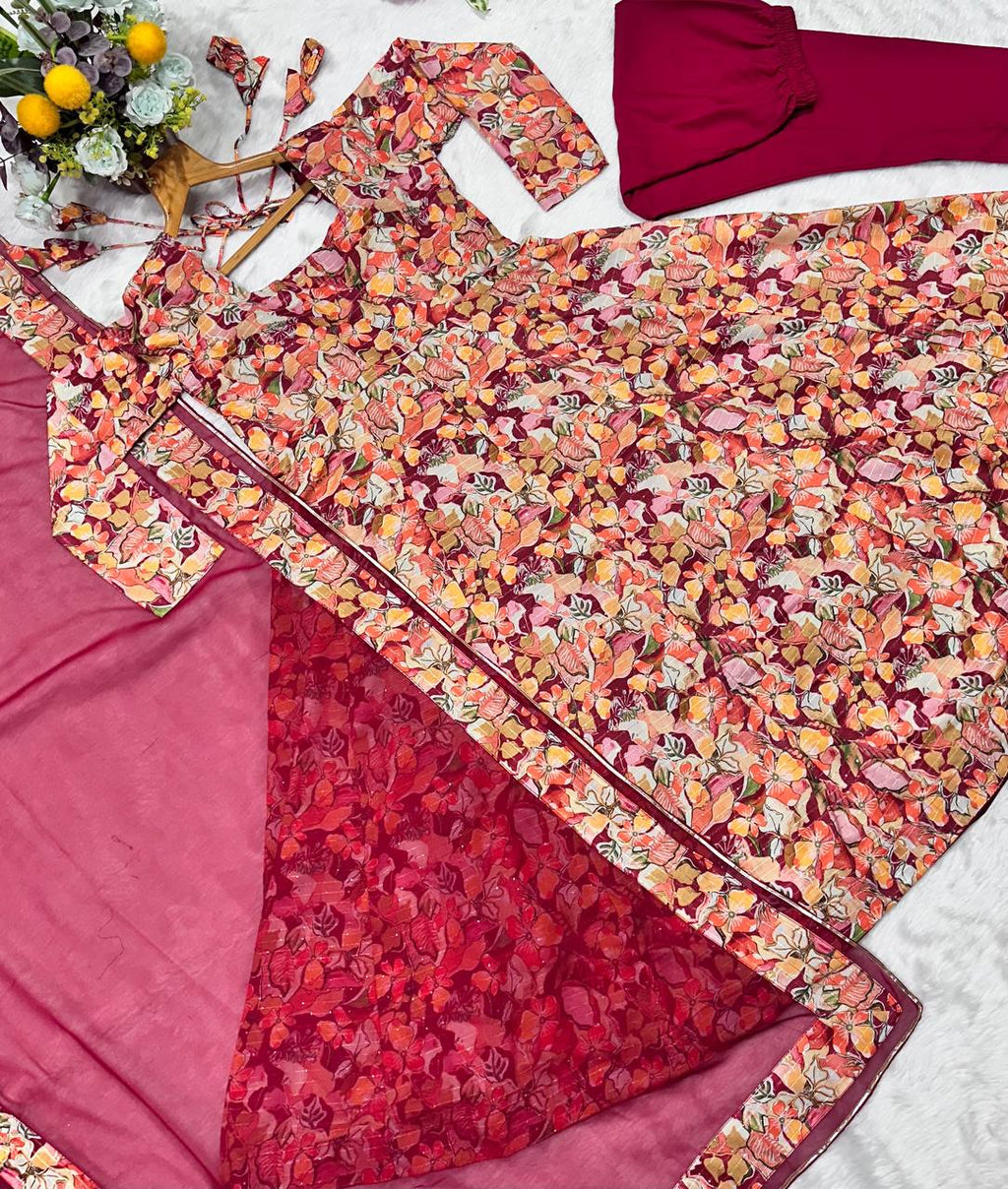 Multi-Color Flair Designer Muslin Anarkali Suit Set with Crosed Embroidery & Digital Print ClothsVilla