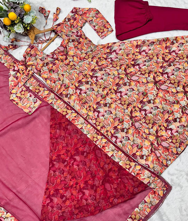 Multi-Color Flair Designer Muslin Anarkali Suit Set with Crosed Embroidery & Digital Print ClothsVilla