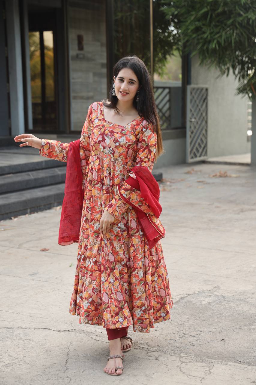 Multi-Color Flair Designer Muslin Anarkali Suit Set with Crosed Embroidery & Digital Print ClothsVilla