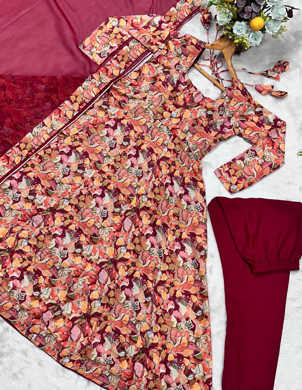 Multi-Color Flair Designer Muslin Anarkali Suit Set with Crosed Embroidery & Digital Print ClothsVilla