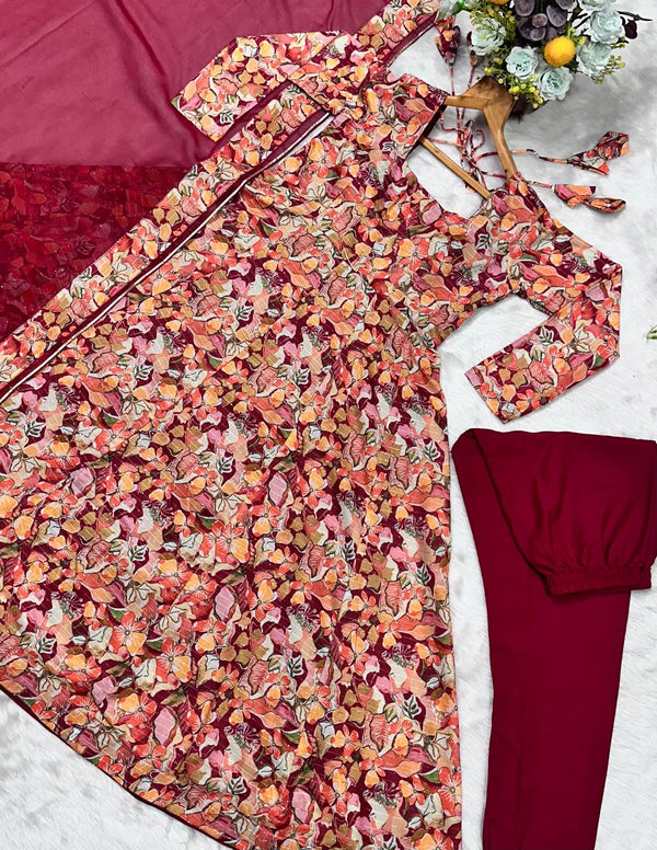 Multi-Color Flair Designer Muslin Anarkali Suit Set with Crosed Embroidery & Digital Print ClothsVilla