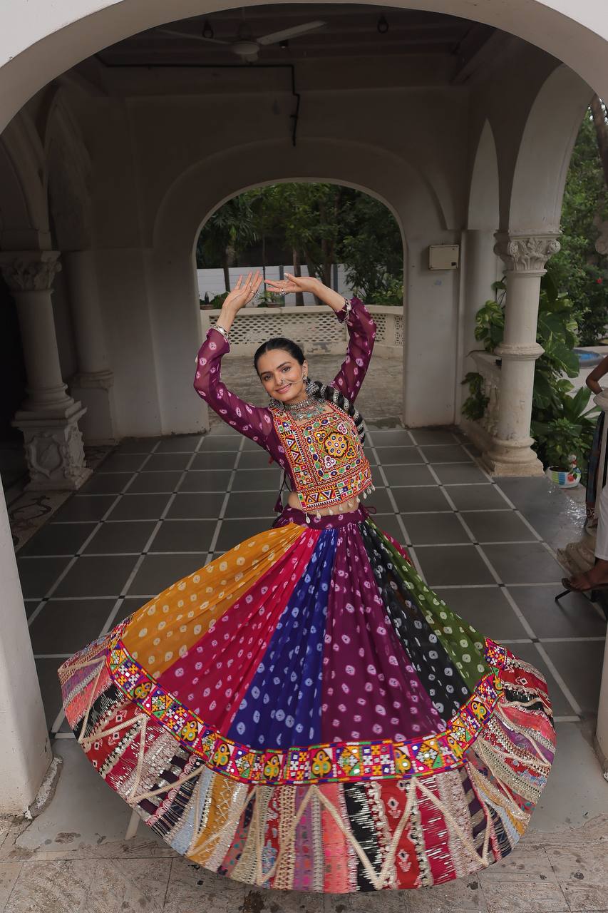 Multi Color Georgette Printed Full-Stitched Lehenga Set with Kutchi Gamthi & Vintage Embellished Work – Kali Stitch Flair ClothsVilla Main image