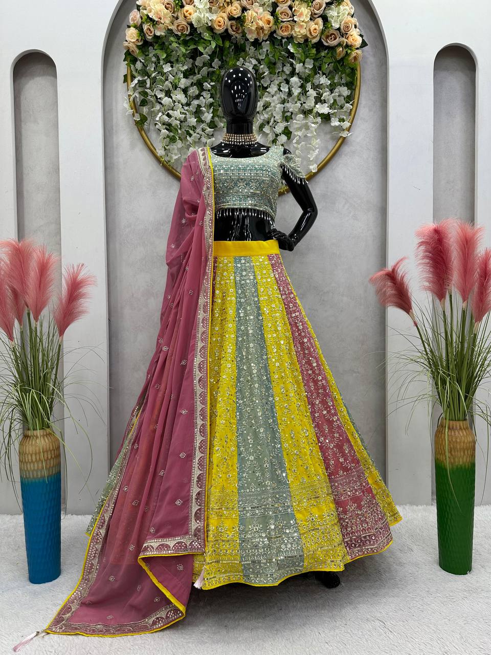 Multi Color Glam Luxe Faux Georgette Semi-Stitched Lehenga Set with 9mm Sequence & Fancy Lace Detailing ClothsVilla Main image