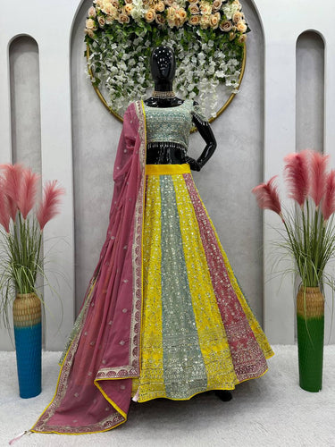 Multi Color Glam Luxe Faux Georgette Semi-Stitched Lehenga Set with 9mm Sequence & Fancy Lace Detailing ClothsVilla