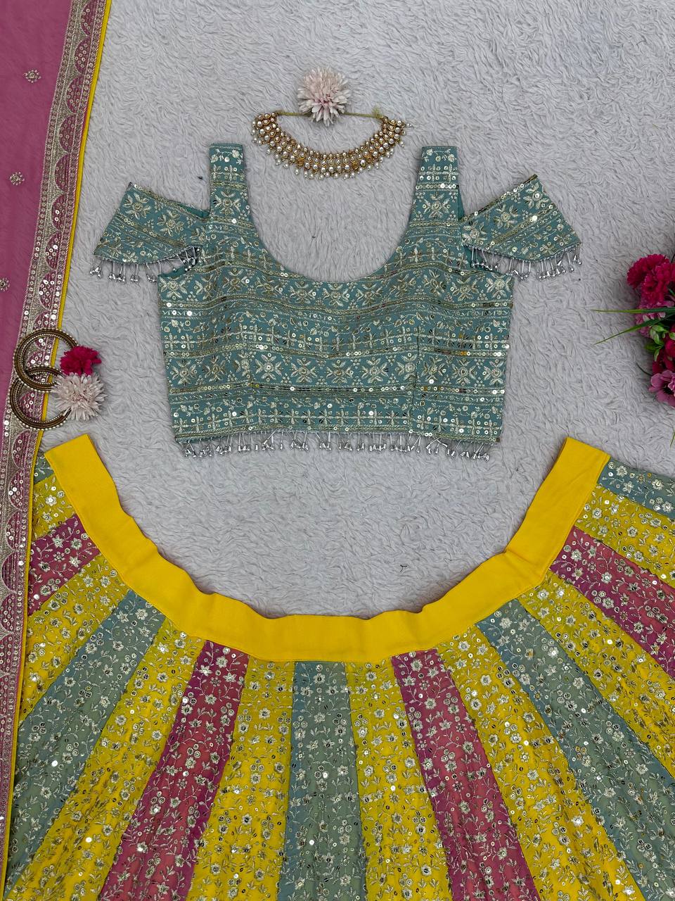 Multi Color Glam Luxe Faux Georgette Semi-Stitched Lehenga Set with 9mm Sequence & Fancy Lace Detailing ClothsVilla