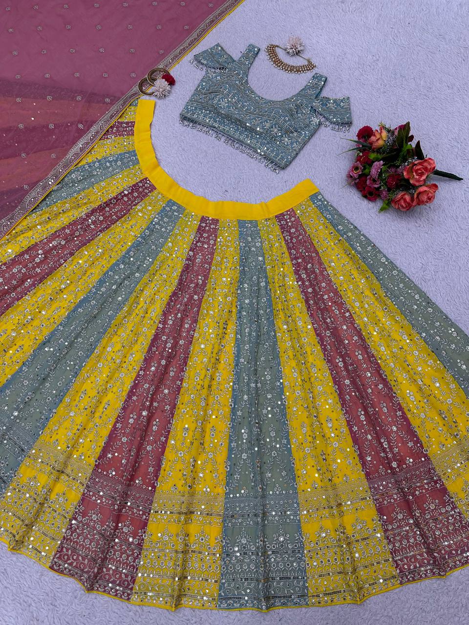 Multi Color Glam Luxe Faux Georgette Semi-Stitched Lehenga Set with 9mm Sequence & Fancy Lace Detailing ClothsVilla