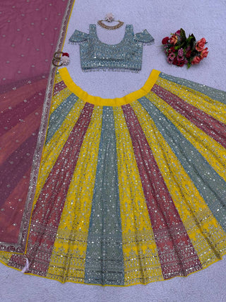 Multi Color Glam Luxe Faux Georgette Semi-Stitched Lehenga Set with 9mm Sequence & Fancy Lace Detailing ClothsVilla