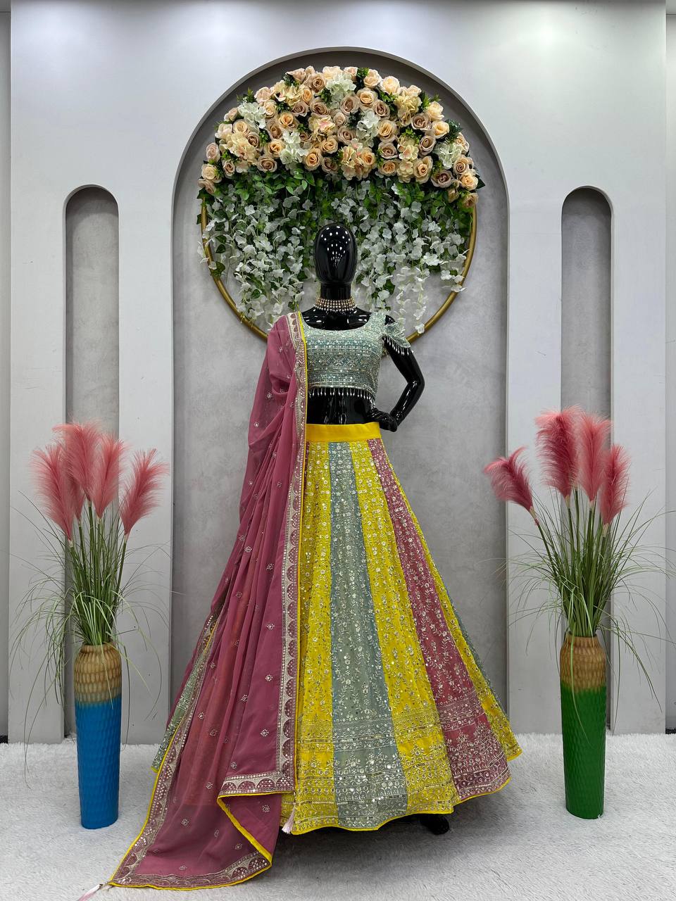 Multi Color Glam Luxe Faux Georgette Semi-Stitched Lehenga Set with 9mm Sequence & Fancy Lace Detailing ClothsVilla