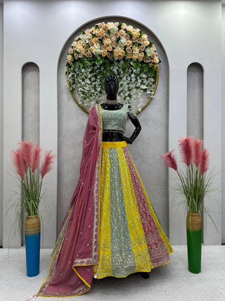 Multi Color Glam Luxe Faux Georgette Semi-Stitched Lehenga Set with 9mm Sequence & Fancy Lace Detailing ClothsVilla